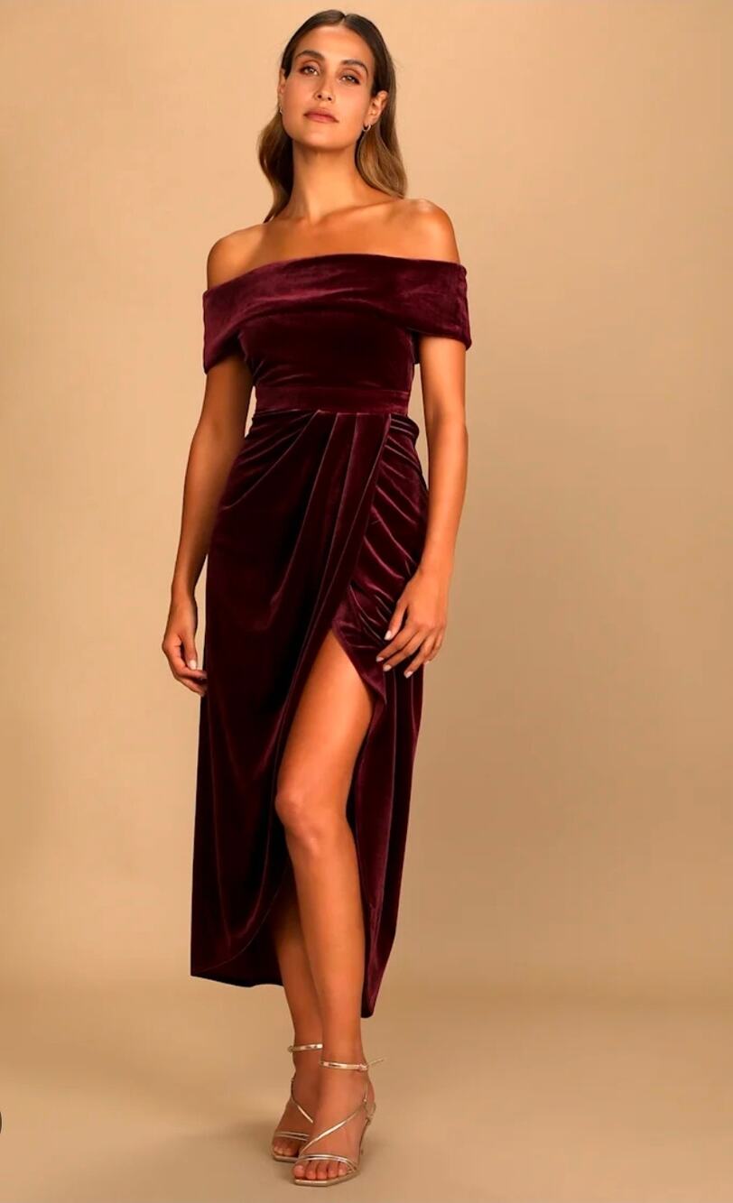 Lulus I'm Enchanted Burgundy Velvet Off The Shoulder Maxi Dress Large NWT